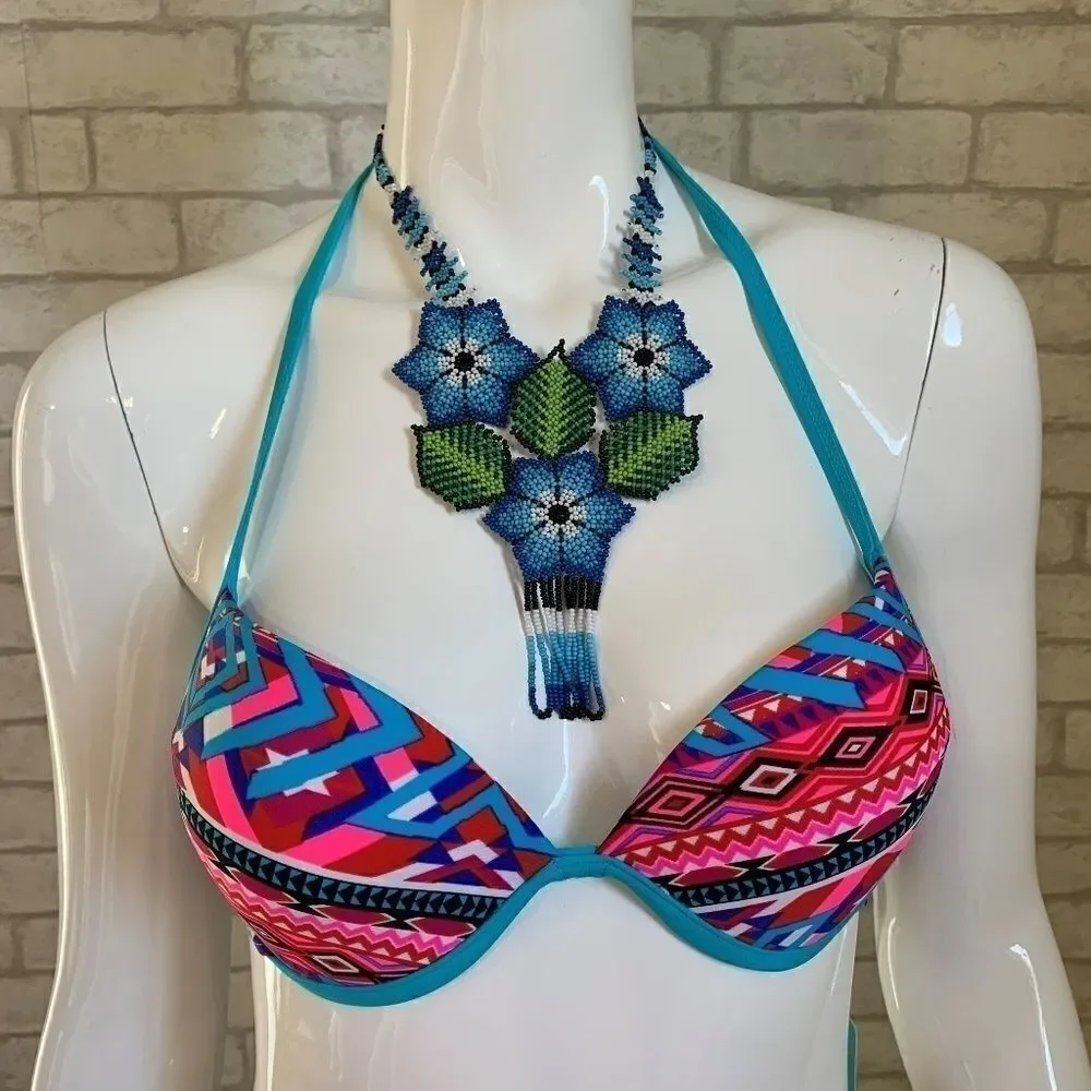 NWT Belle‎ D'Azure Teal/pink Aztec print bikini top  - M/8